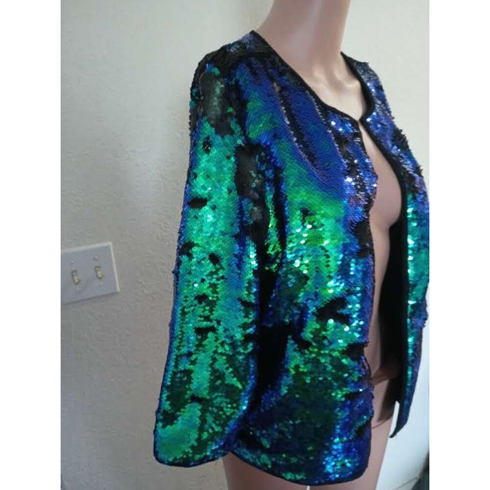 Stella Green Blue Sequin Open Front Jacket Size L W011 - Picture 6 of 9